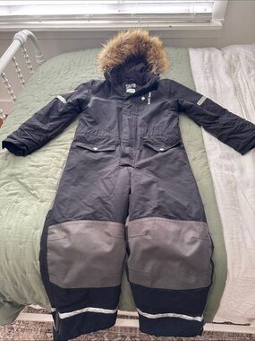 Kids Black Insulated KULING SkiSnowsuit with Faux-Fur Hood